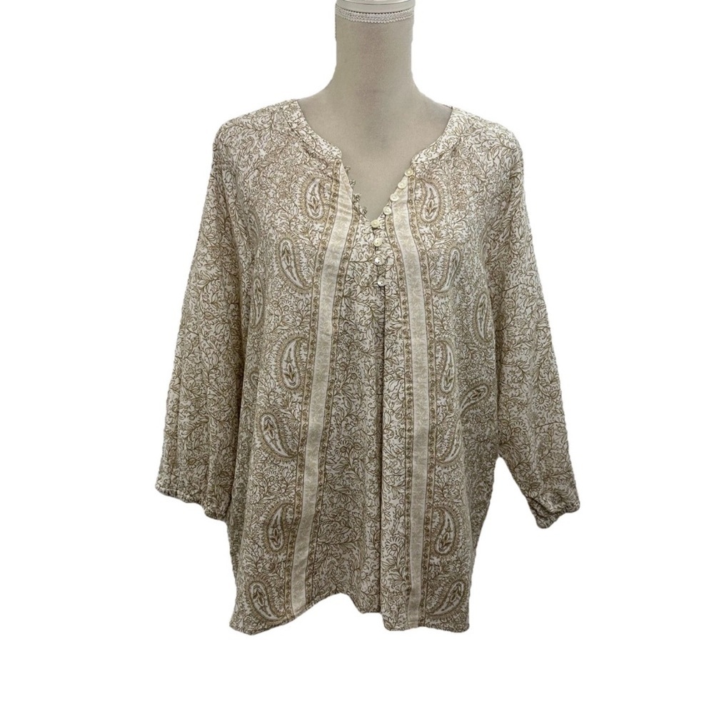 J Jill Organic Cotton Beige Paisley Relaxed Top Women’s Large 3/4 Puff Sleeve